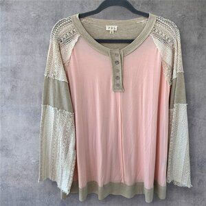 POL HENLEY RAYON JERSEY AND CROCHET LACE TRIM TOP